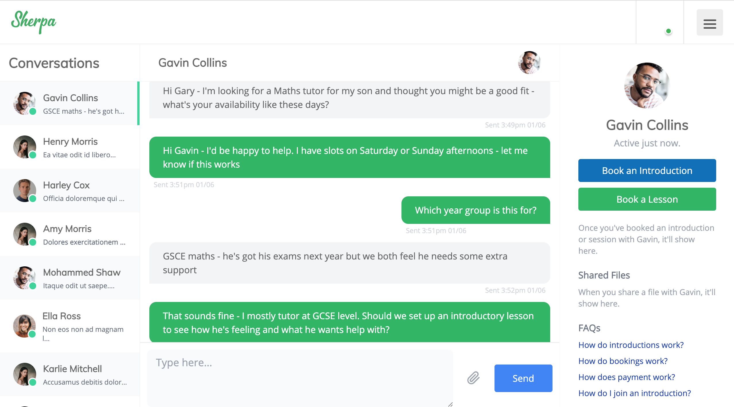 Screenshot of messages page