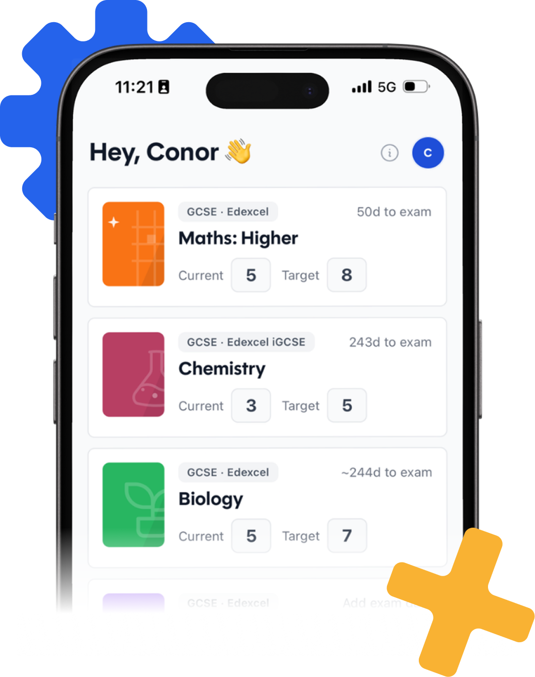 Sherpa Study on a phone: a student's GCSE subjects, each with days to the exam and current and target grades