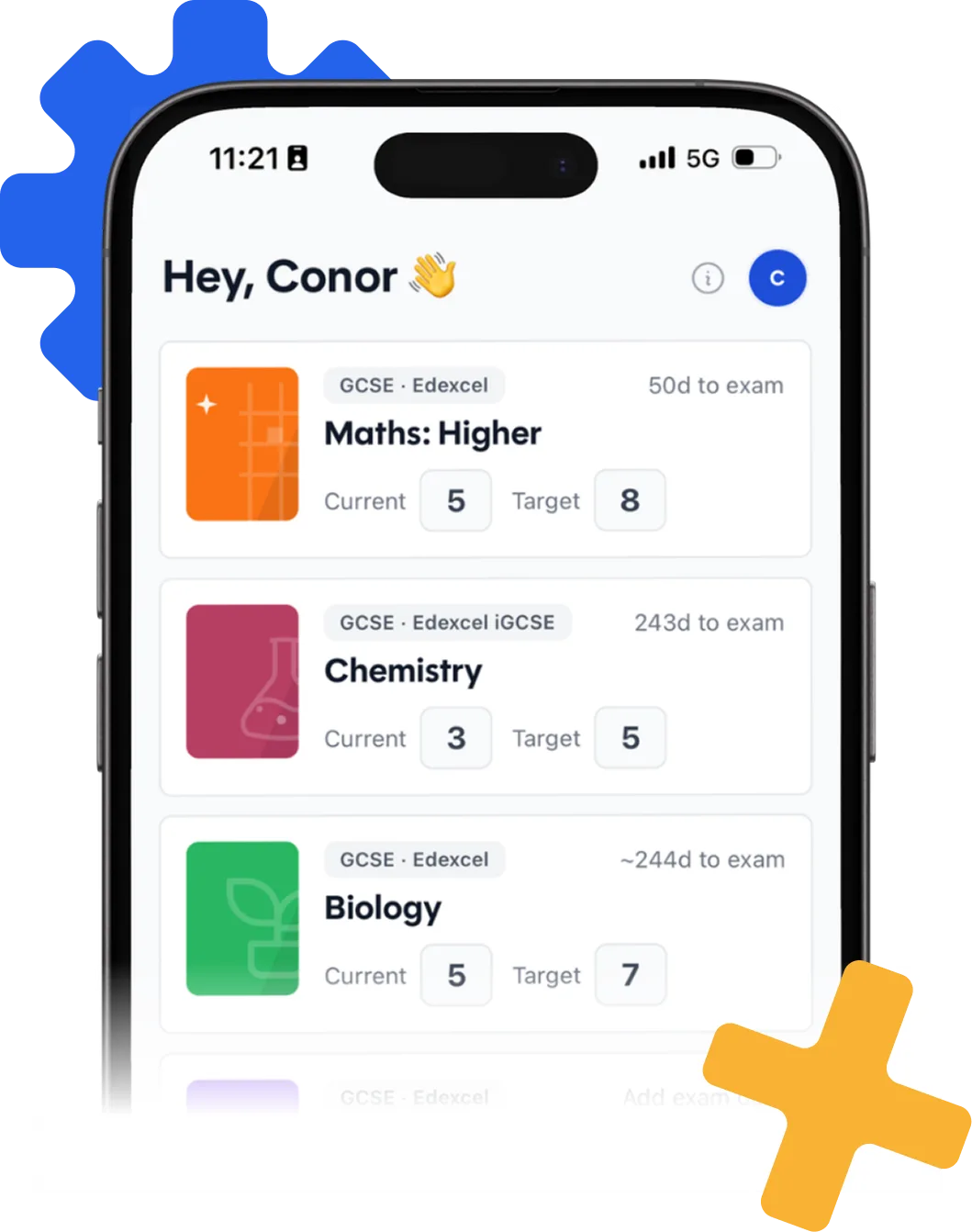 Sherpa Study on a phone: a student's GCSE subjects, each with days to the exam and current and target grades