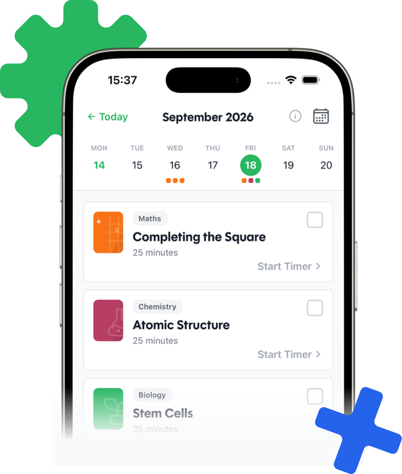 A weekly revision plan, with timed study sessions for each subject's topics
